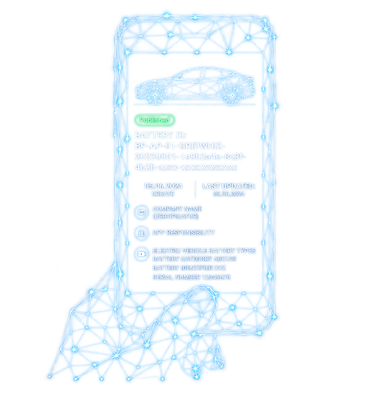 View Battery digital battery passport shown on a wireframe phone